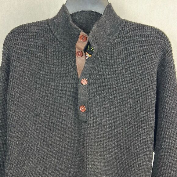 Orvis Black Button Mockneck Sweater 100% Wool Mens Sz Large Leather Trim Knit - Picture 2 of 10
